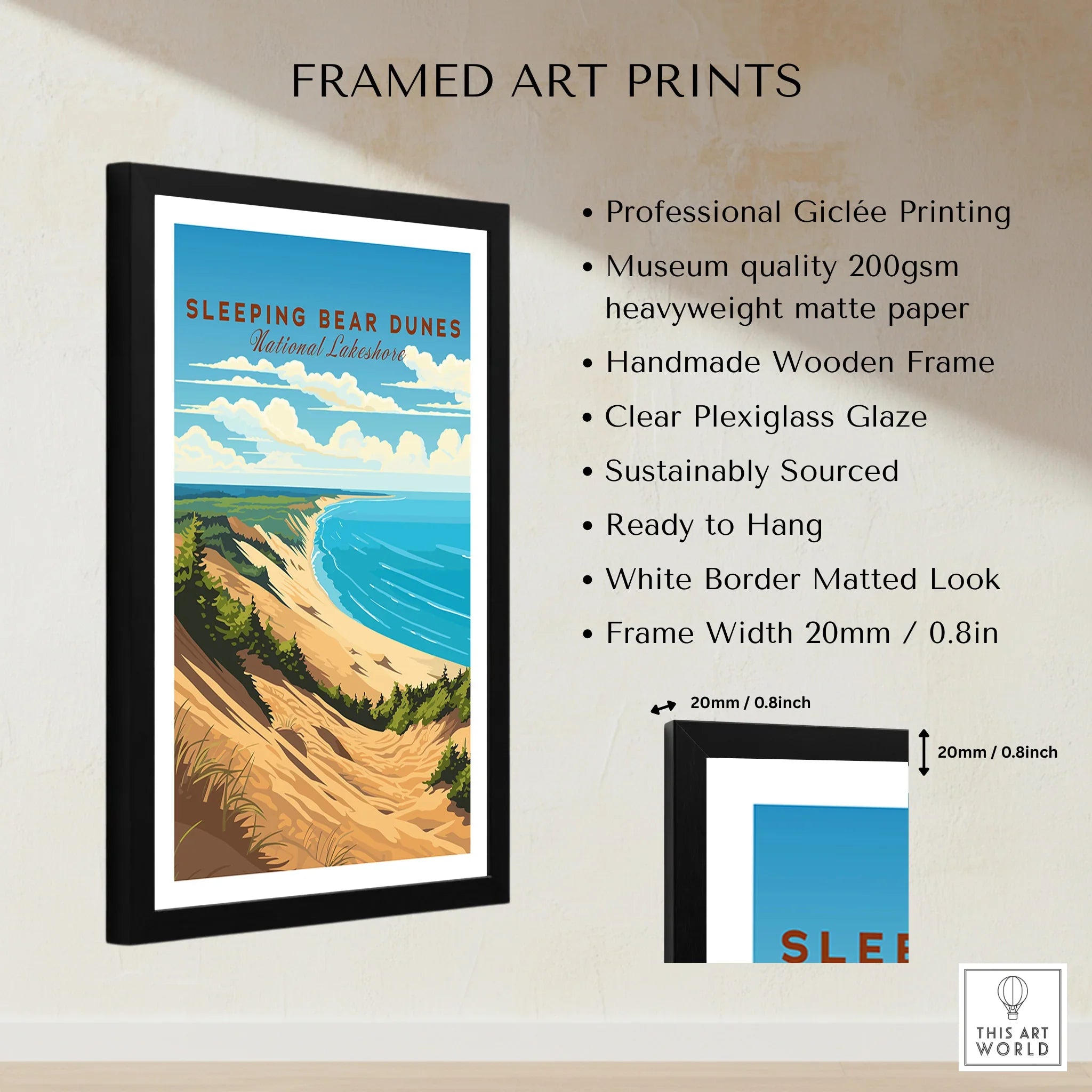 Framed Sleeping Bear Dunes National Lakeshore art print with lake, dunes, and forest scene