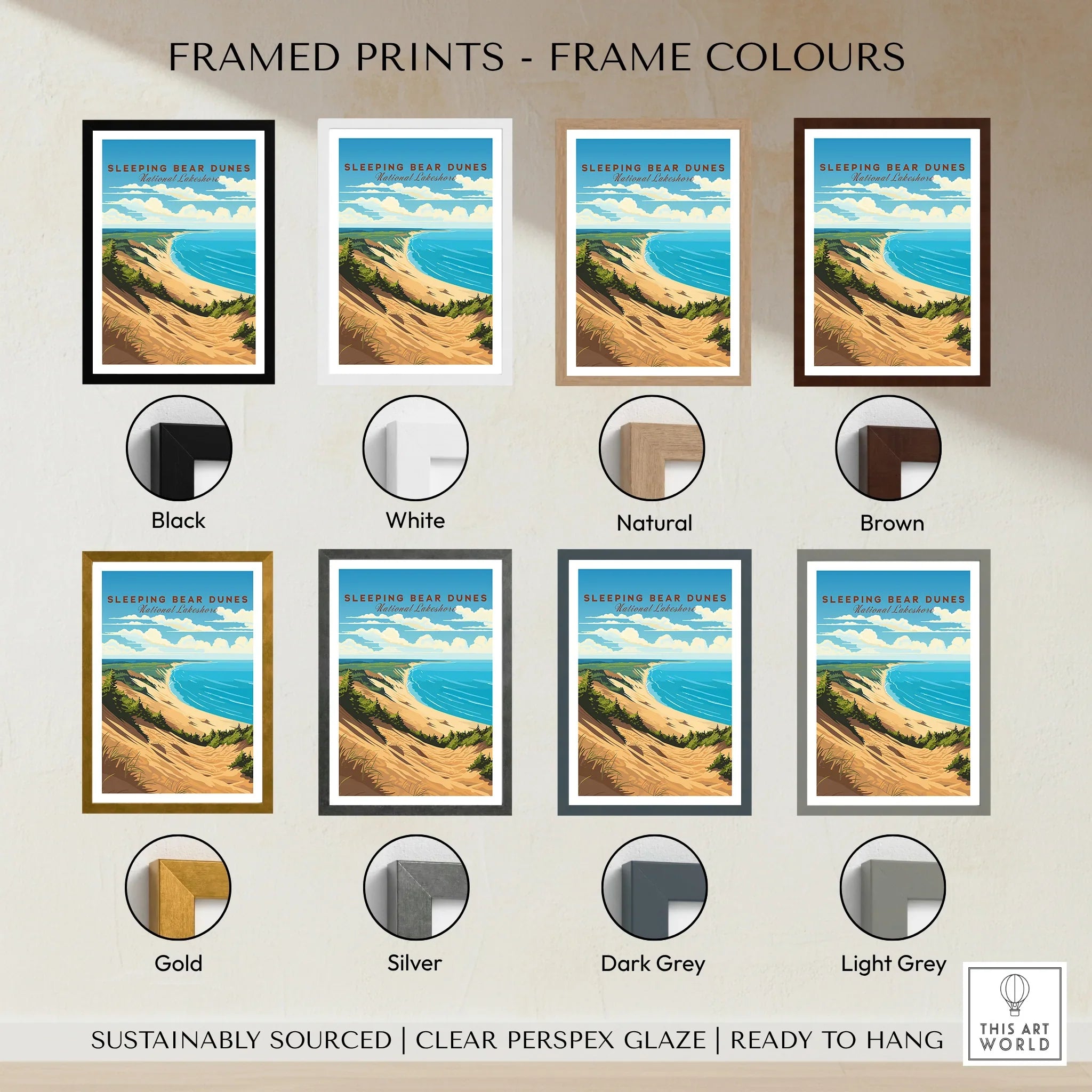 Sleeping Bear Dunes National Park print with eight frame color options, coastal landscape art.