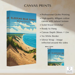 Sleeping Bear Dunes National Lakeshore canvas print featuring scenic sand dunes, blue lake, and sky.