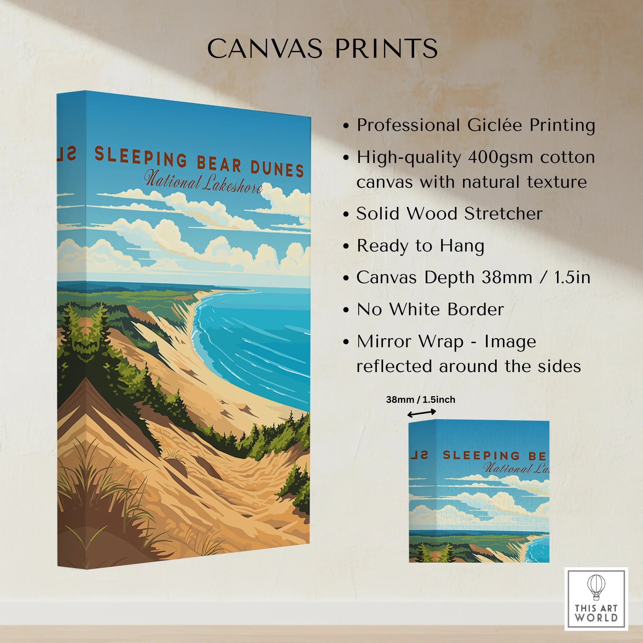 Sleeping Bear Dunes National Lakeshore canvas print featuring scenic sand dunes, blue lake, and sky.