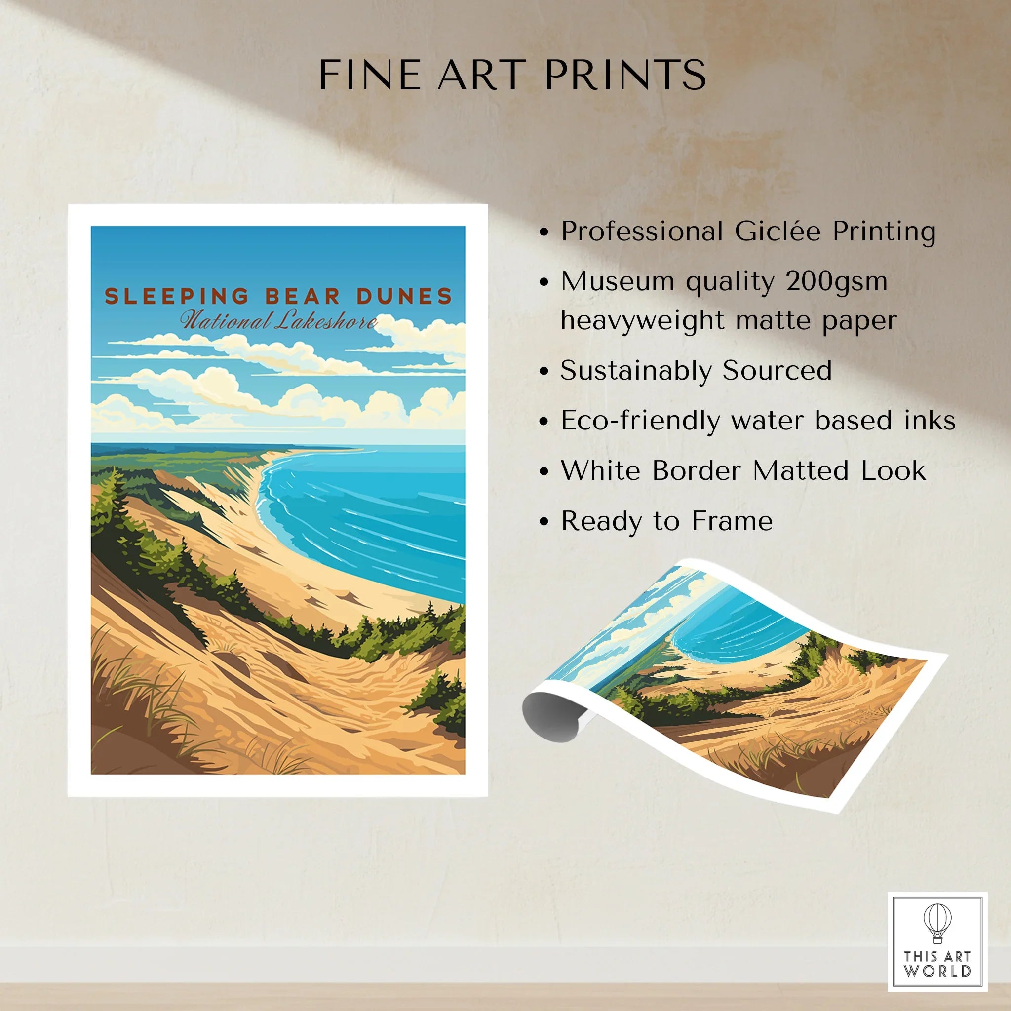 Sleeping Bear Dunes National Lakeshore travel poster print with sand dunes and blue lake view