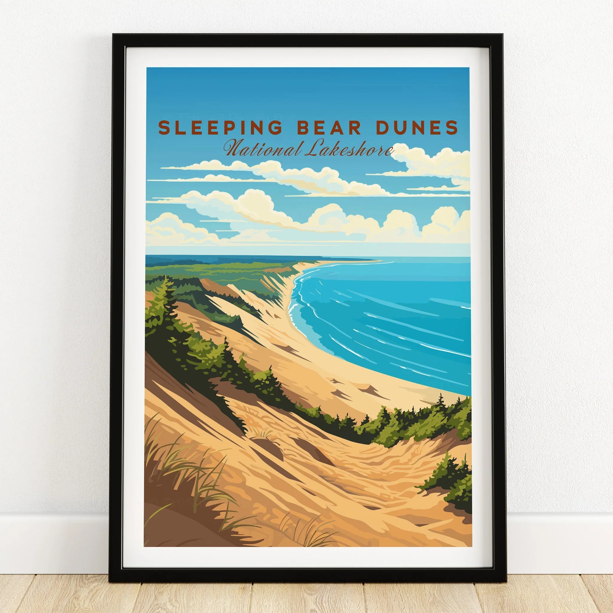 Sleeping Bear Dunes National Lakeshore art print in black frame on wooden floor