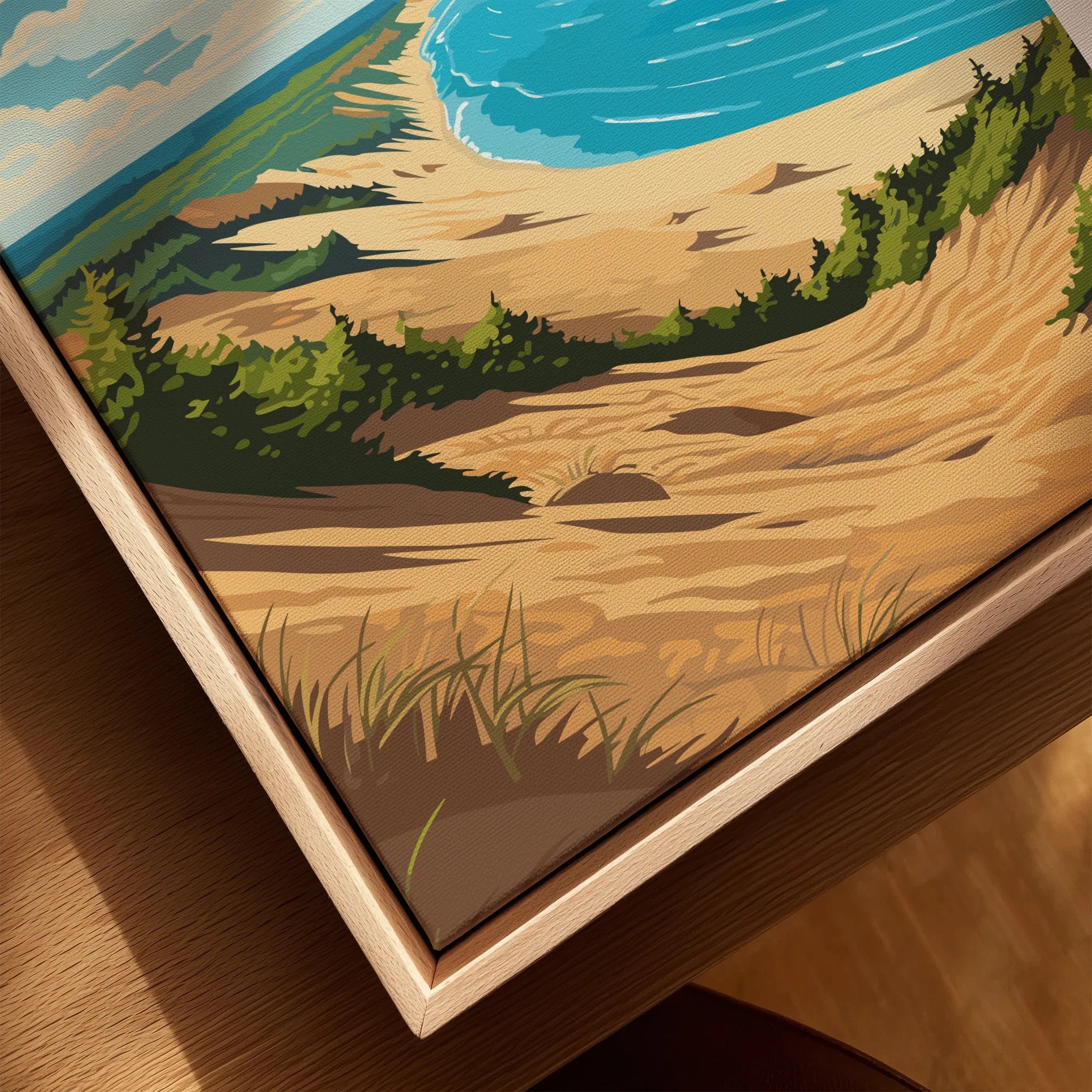 Sleeping Bear Dunes travel poster closeup on canvas with natural wood floating frame