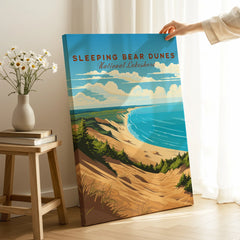 Sleeping Bear Dunes National Lakeshore wall art poster with dunes, lake, and clouds