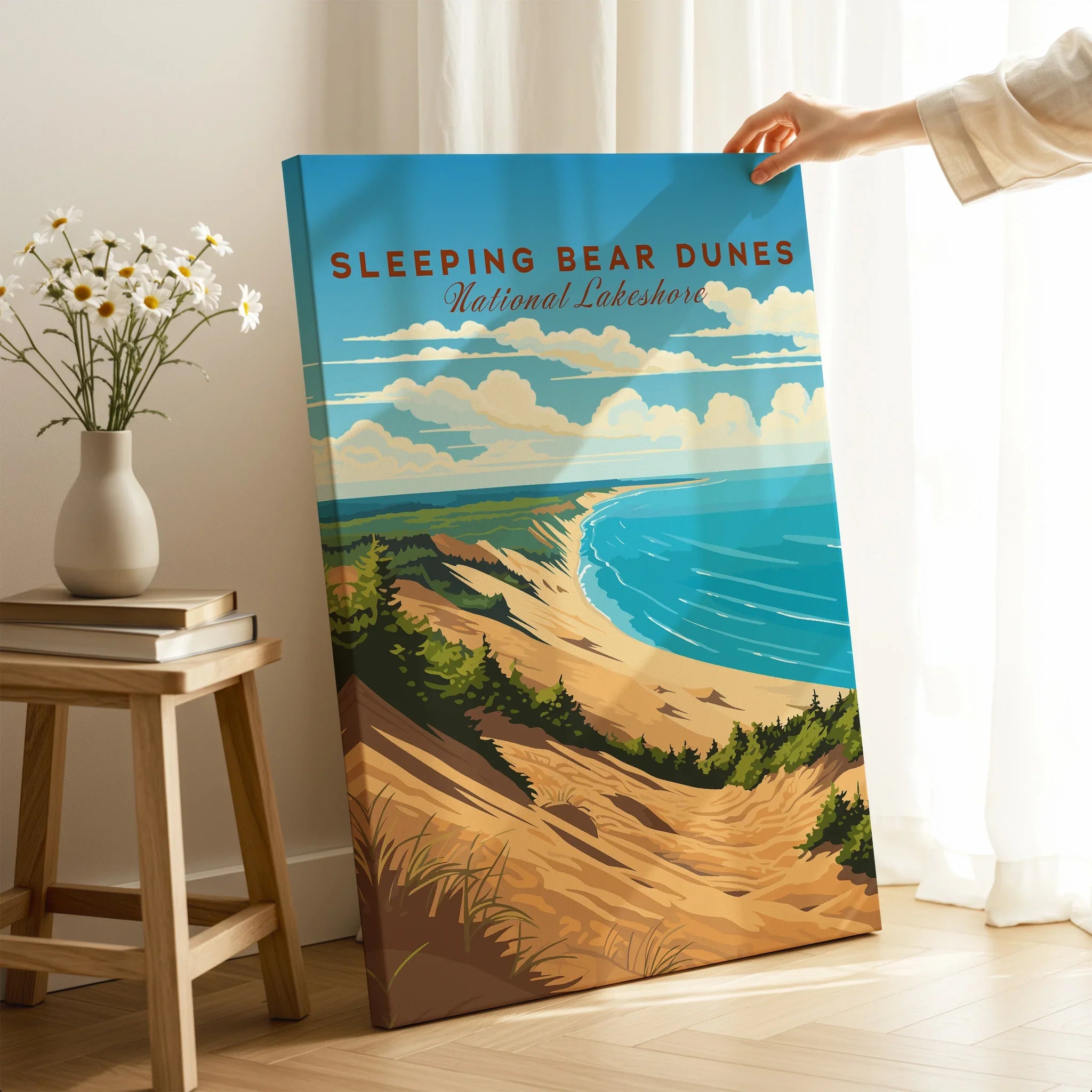 Sleeping Bear Dunes National Lakeshore wall art poster with dunes, lake, and clouds