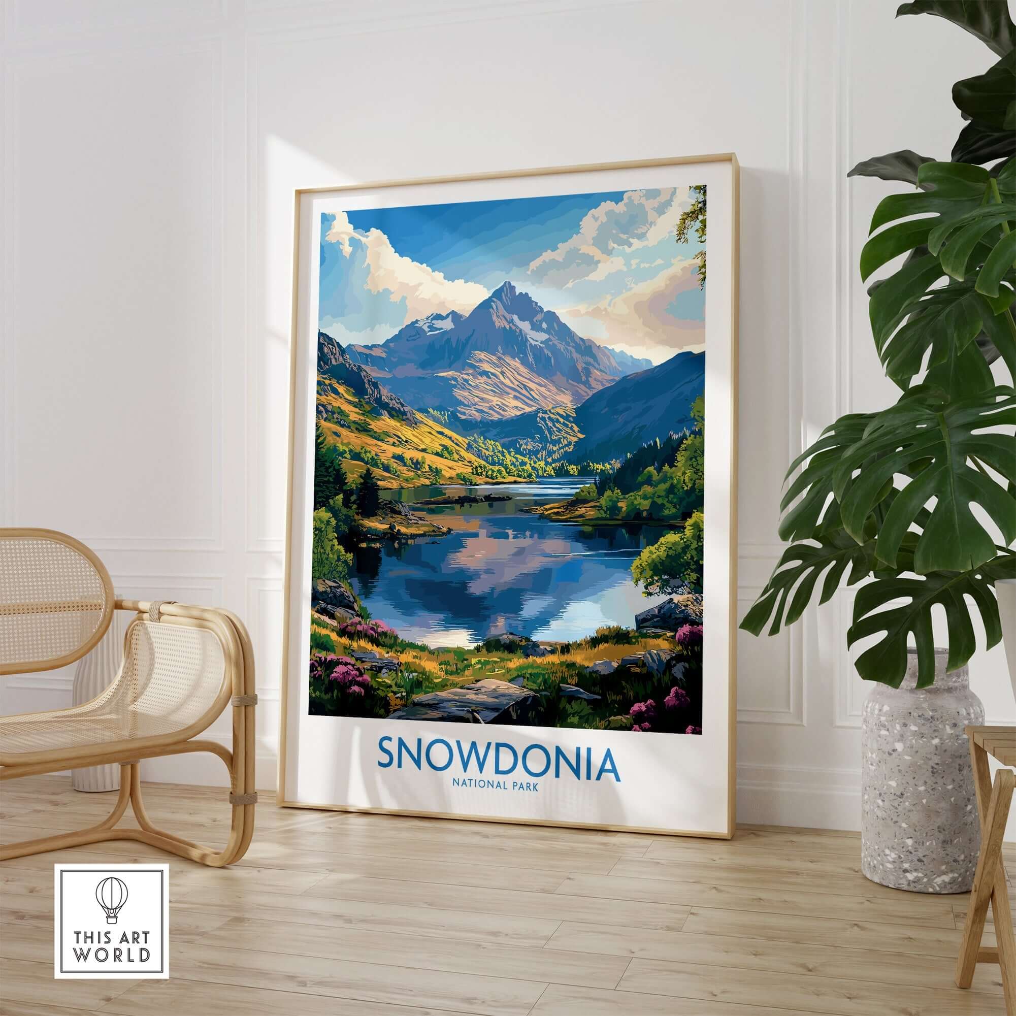 Snowdonia National Park Art Print featuring vibrant nature scenery with mountains and a lake in a stylish home setting.