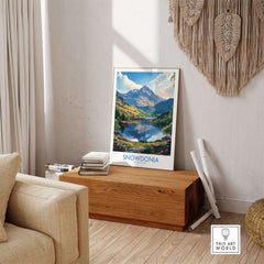 Snowdonia National Park Art Print showcased in a cozy living room setting with natural decor.