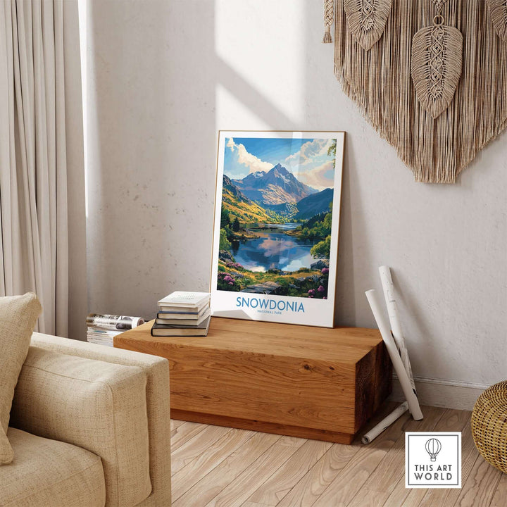 Snowdonia National Park art print displayed in a cozy living room, showcasing majestic landscapes and vibrant nature.