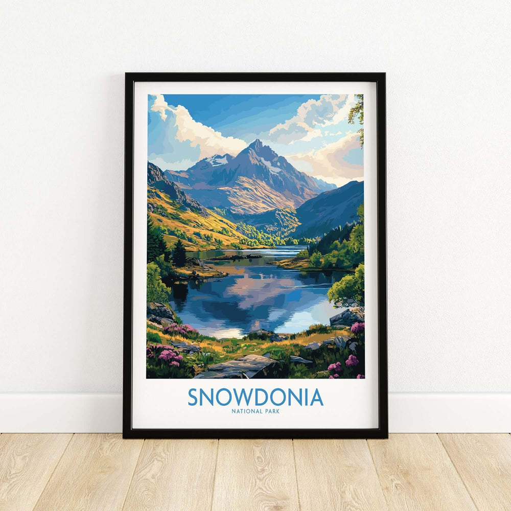 Art print of Snowdonia National Park showcasing mountains and a serene lake, perfect for nature lovers.