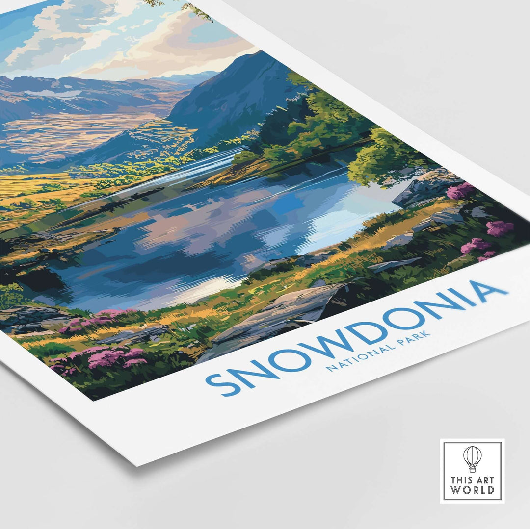 Snowdonia National Park art print featuring vibrant landscapes and serene waters, perfect for nature lovers and home decor.