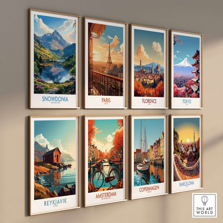 Collection of art prints featuring iconic landscapes from Snowdonia, Paris, Florence, Tokyo, Reykjavik, Amsterdam, Copenhagen, and Barcelona.