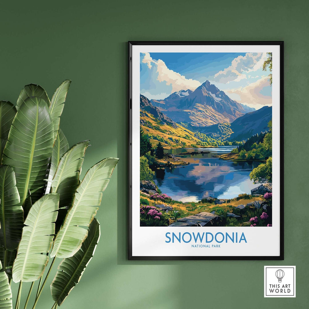 Snowdonia National Park art print showcasing stunning landscapes and mountains on a green wall. Perfect for nature lovers.