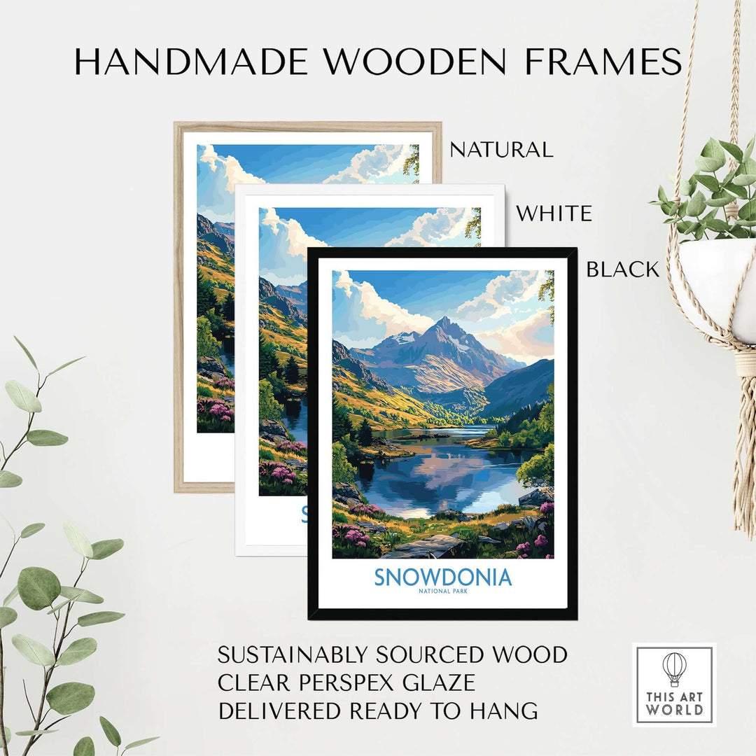 Handmade wooden frames in natural, white, and black for displaying Snowdonia National Park art print, sustainably sourced.