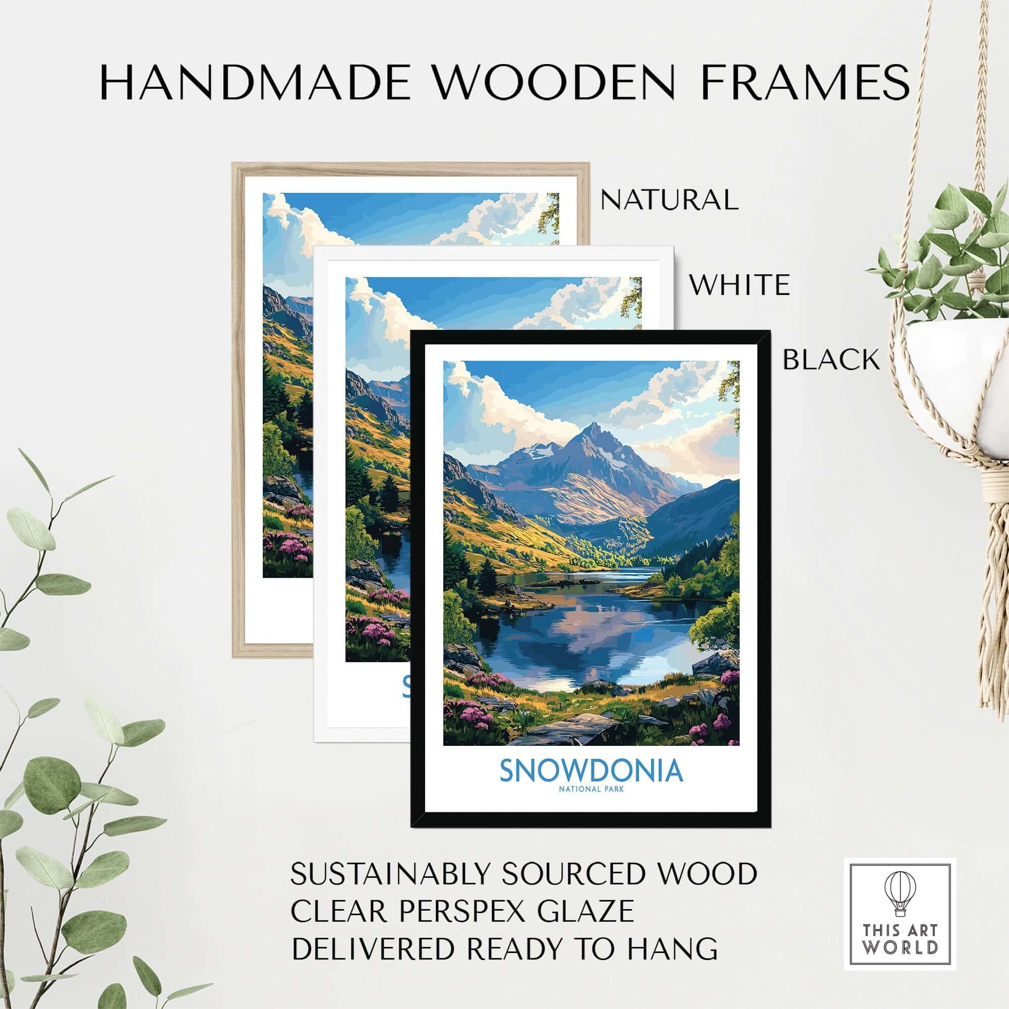 Snowdonia National Park Art Print displayed in handmade wooden frames in natural, white, and black finishes.