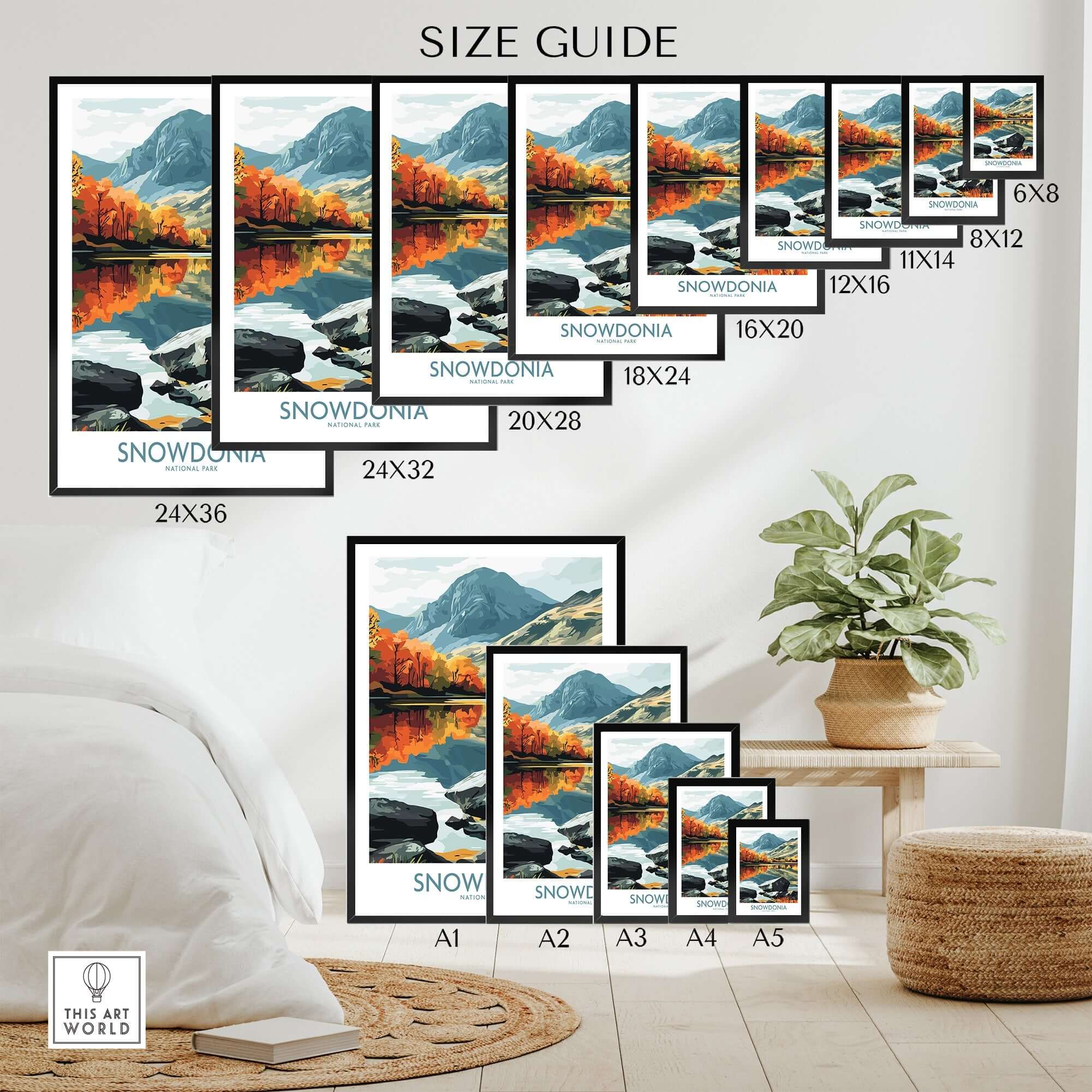 Size guide for Snowdonia National Park Poster showcasing various frame sizes and display options.