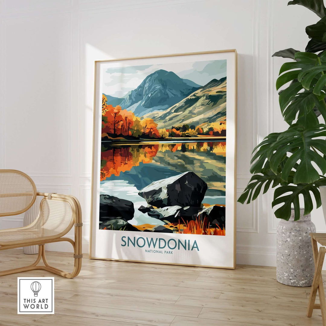 Snowdonia National Park poster featuring autumn landscapes and mountains in vibrant colors, elegantly displayed in a modern interior.