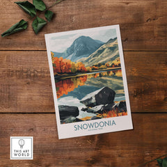 Snowdonia National Park Poster featuring vibrant landscapes and reflections of mountains and trees.