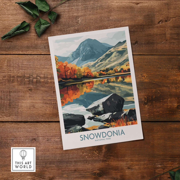 Snowdonia National Park poster featuring vibrant landscapes and reflective water, perfect for home decor.