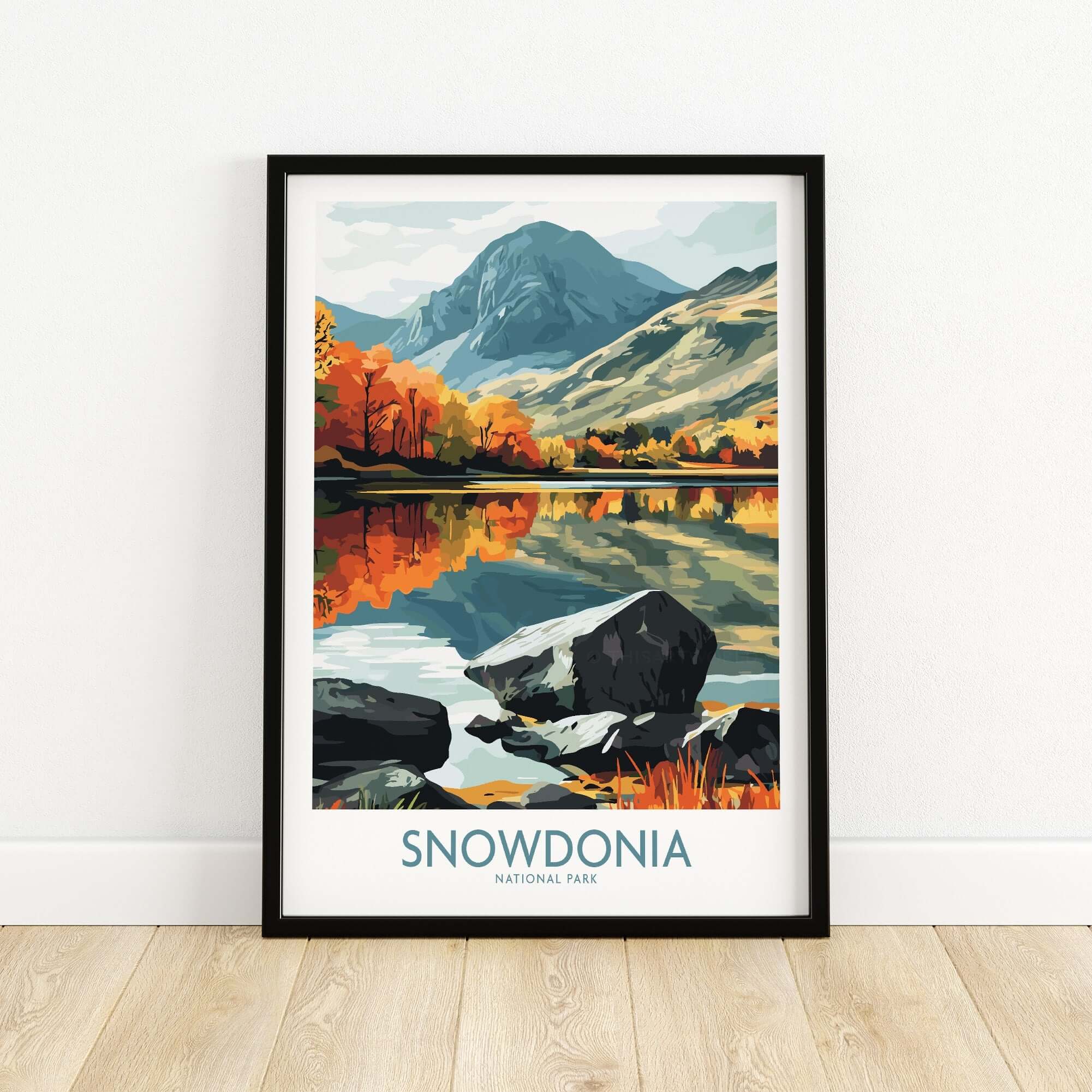 Snowdonia National Park Poster showcasing vibrant landscapes and reflections of mountains and trees.