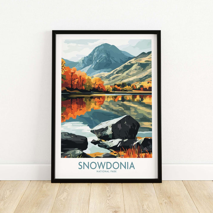 Snowdonia National Park poster featuring vibrant autumn landscapes and majestic mountains reflected in serene water.