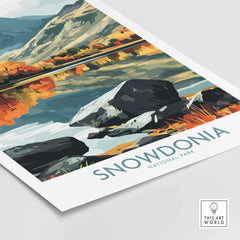 Snowdonia National Park Poster featuring vibrant landscapes and serene reflections in an artistic design.