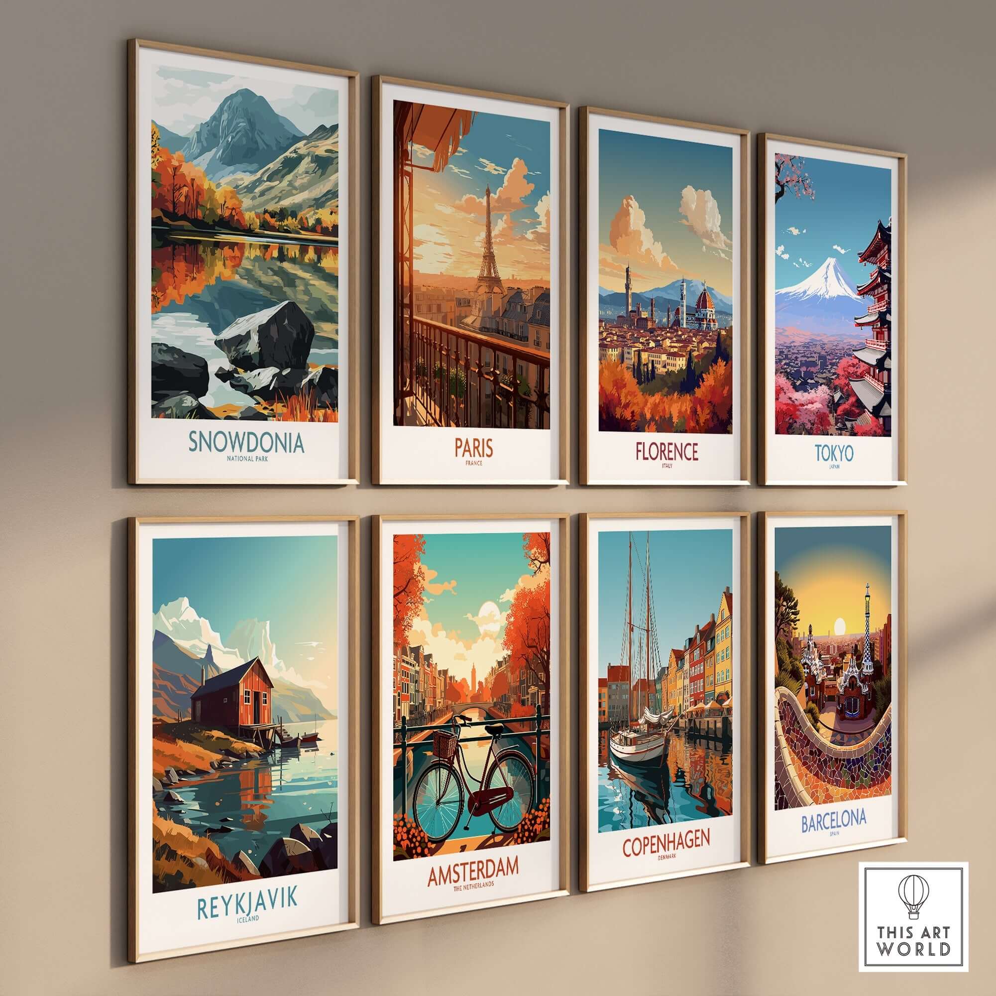 Snowdonia National Park Poster and other city posters on a wall showcasing vibrant landscapes and landmarks.