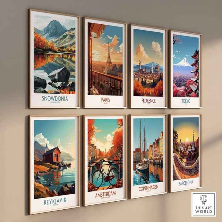 Collection of travel posters featuring Snowdonia, Paris, Florence, Tokyo, Reykjavik, Amsterdam, Copenhagen, and Barcelona.