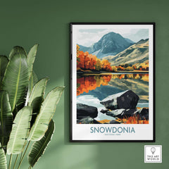 Snowdonia National Park Poster showcasing vibrant landscapes and reflections of mountains and autumn colors.