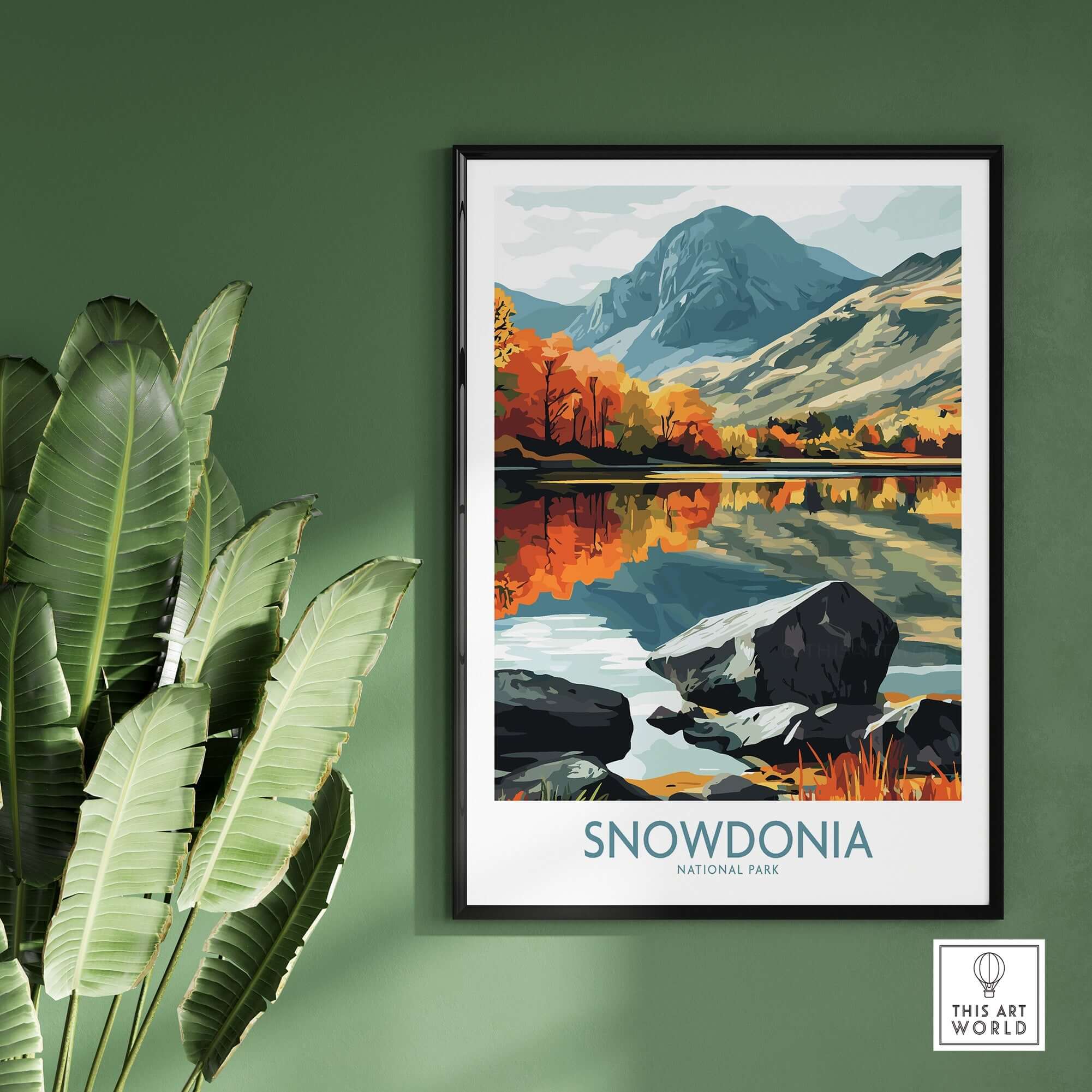 Snowdonia National Park Poster showcasing vibrant landscapes and reflections of mountains and autumn colors.