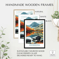 Handmade wooden frames for Snowdonia National Park Poster, featuring natural, white, and black color options.