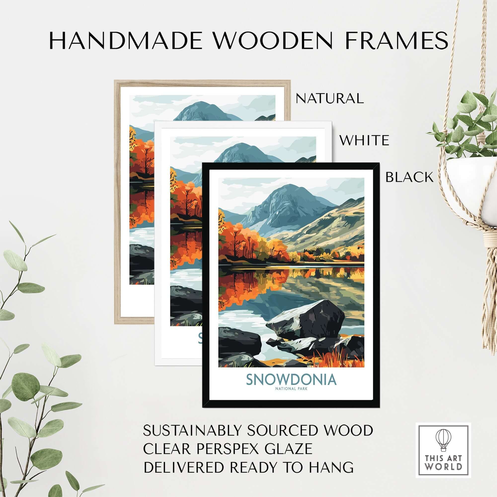 Handmade wooden frames for Snowdonia National Park Poster, featuring natural, white, and black color options.