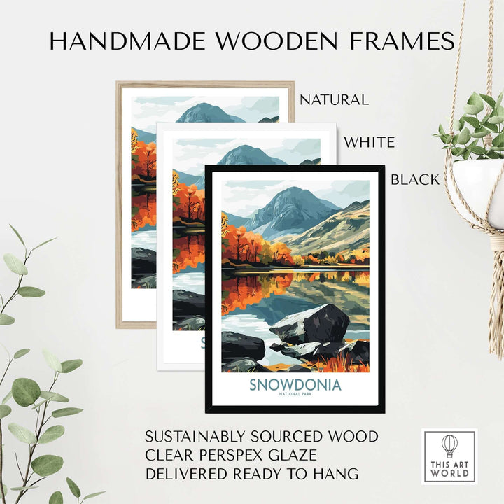 Handmade wooden frames in natural, white, and black, showcasing Snowdonia art with clear glaze, ready to hang.