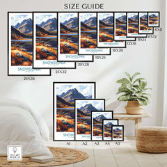 Snowdonia National Park Poster Wales size guide showcasing various frame sizes and the poster's design.