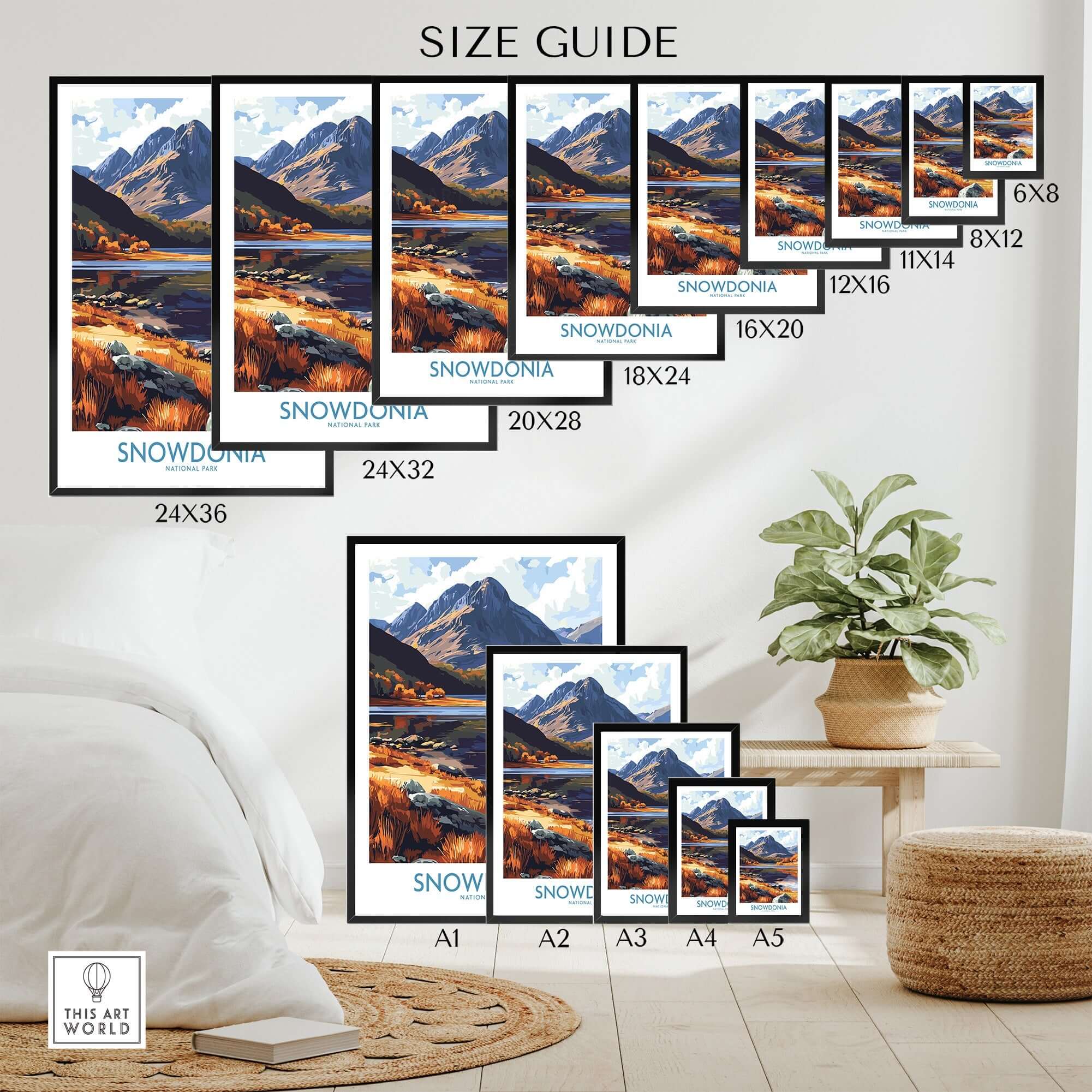 Snowdonia National Park Poster Wales size guide showcasing various frame sizes and the poster's design.