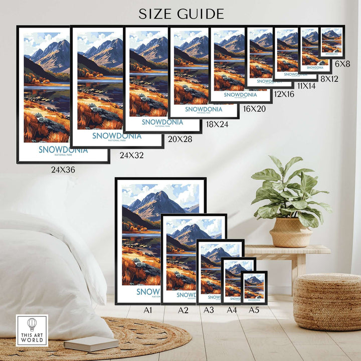 Snowdonia National Park poster size guide showcasing various frame sizes in a stylish home setting.