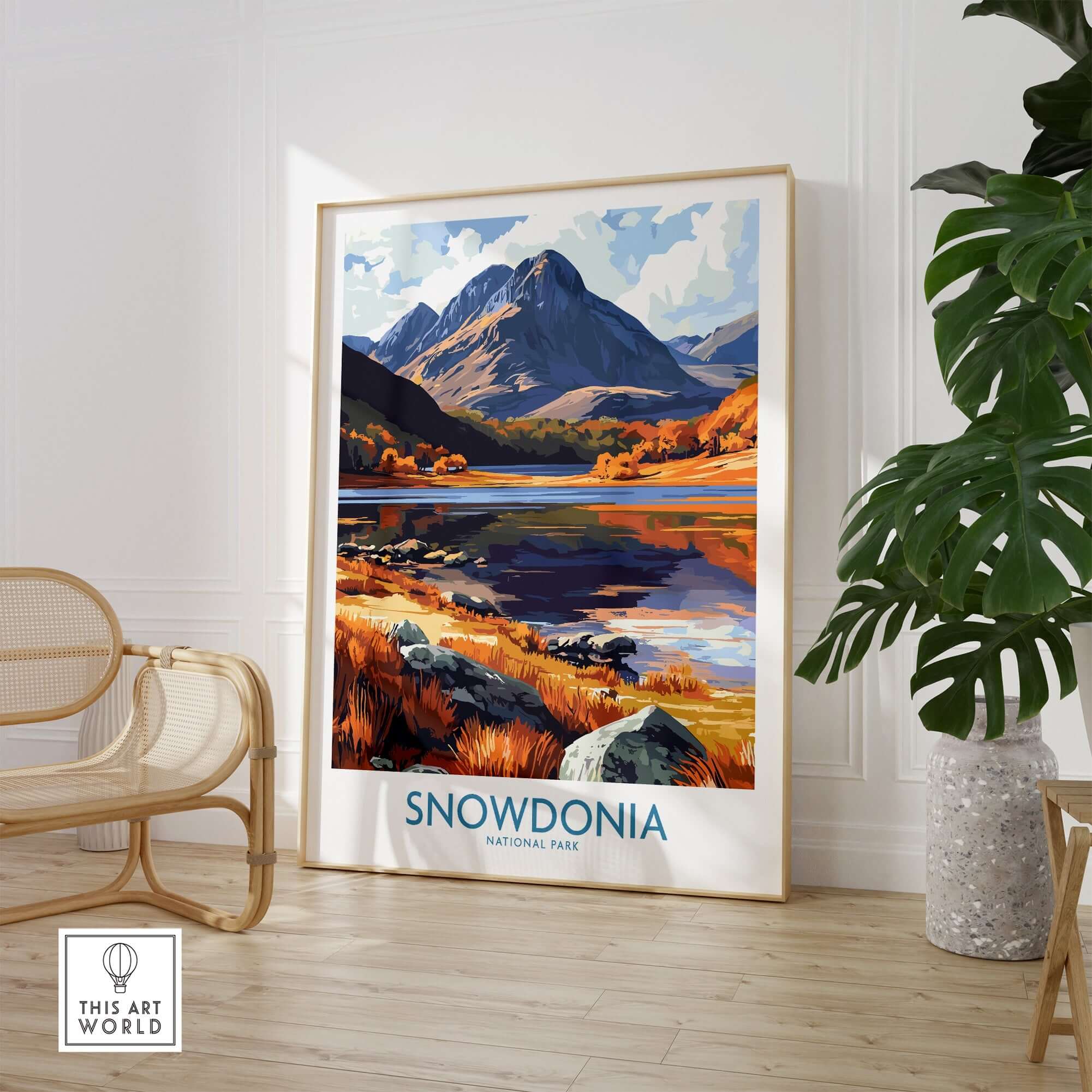 Snowdonia National Park Poster Wales featuring vibrant autumn colors and majestic mountains.