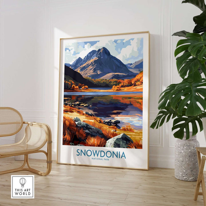 Snowdonia National Park poster featuring vibrant autumn colors and majestic mountains in a stylish home setting.