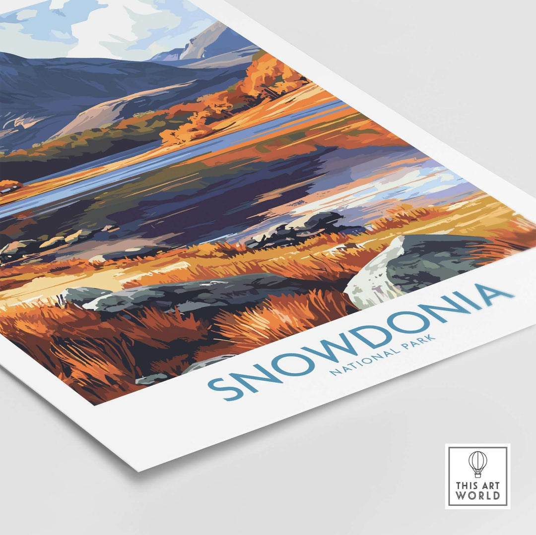 Snowdonia National Park poster featuring autumn colors and majestic mountains reflecting in water. Perfect for nature lovers.