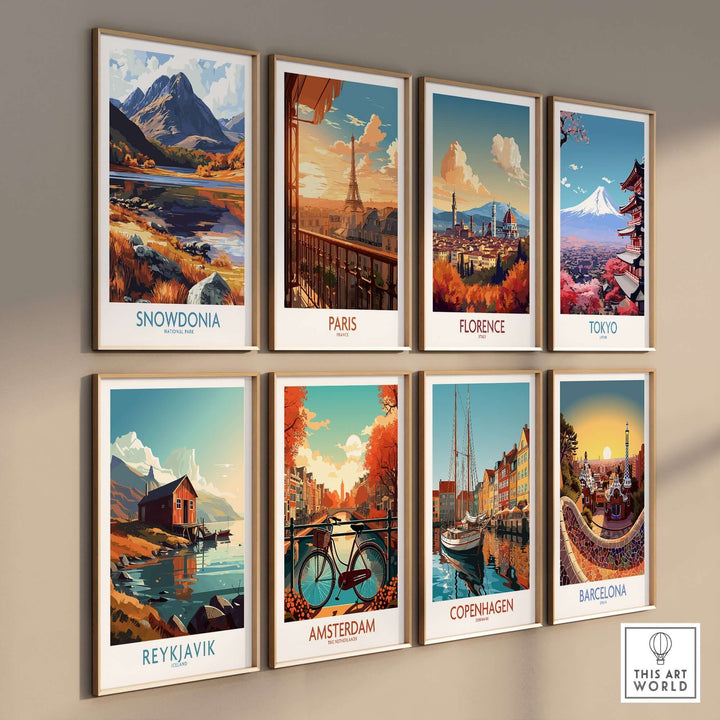 Beautiful travel posters featuring Snowdonia, Paris, Florence, Tokyo, Reykjavik, Amsterdam, Copenhagen, and Barcelona.