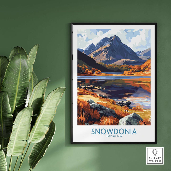 Snowdonia National Park poster showcasing vibrant autumn colors and majestic mountains, ideal for nature lovers.