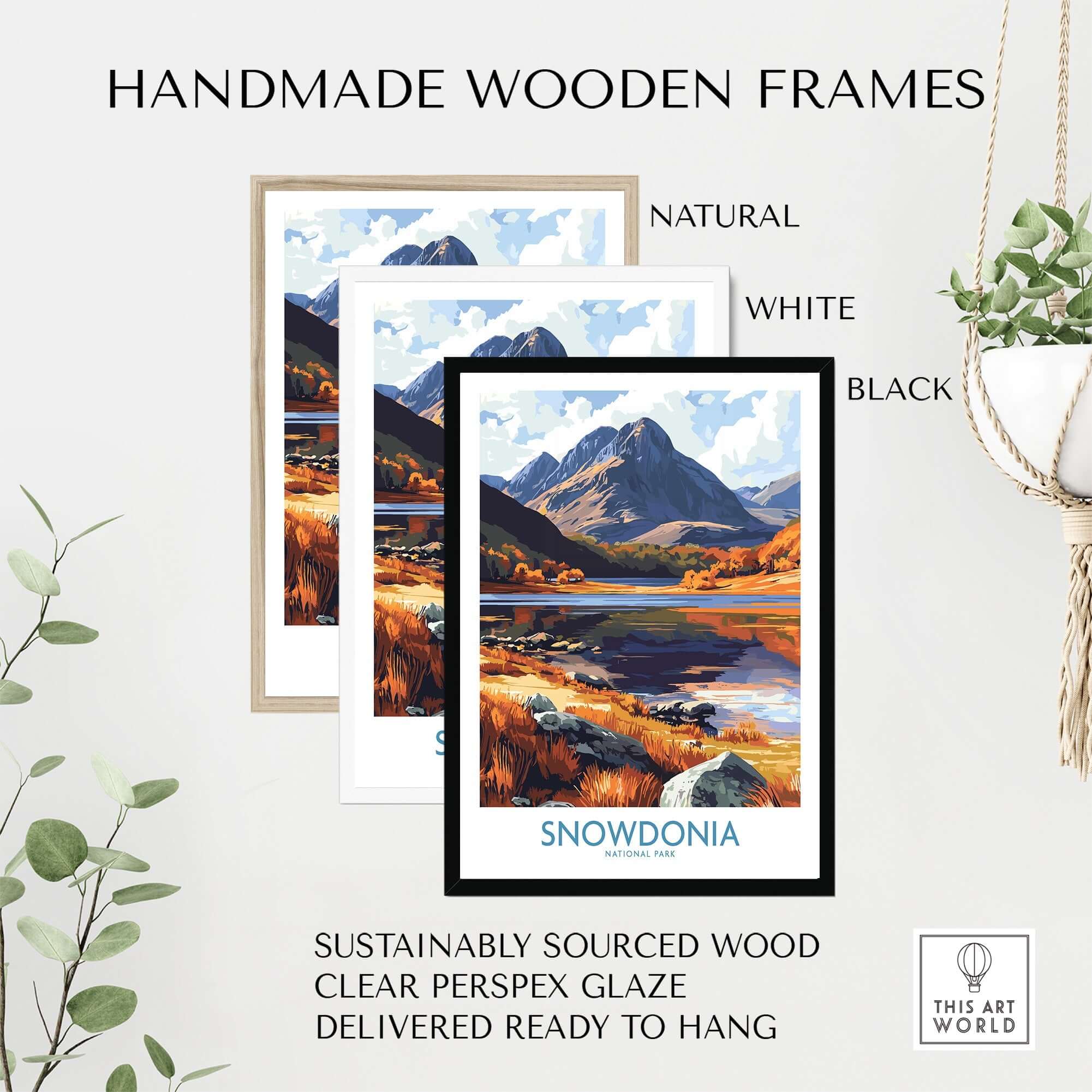 Handmade wooden frames for Snowdonia National Park Poster Wales in natural, white, and black finishes.
