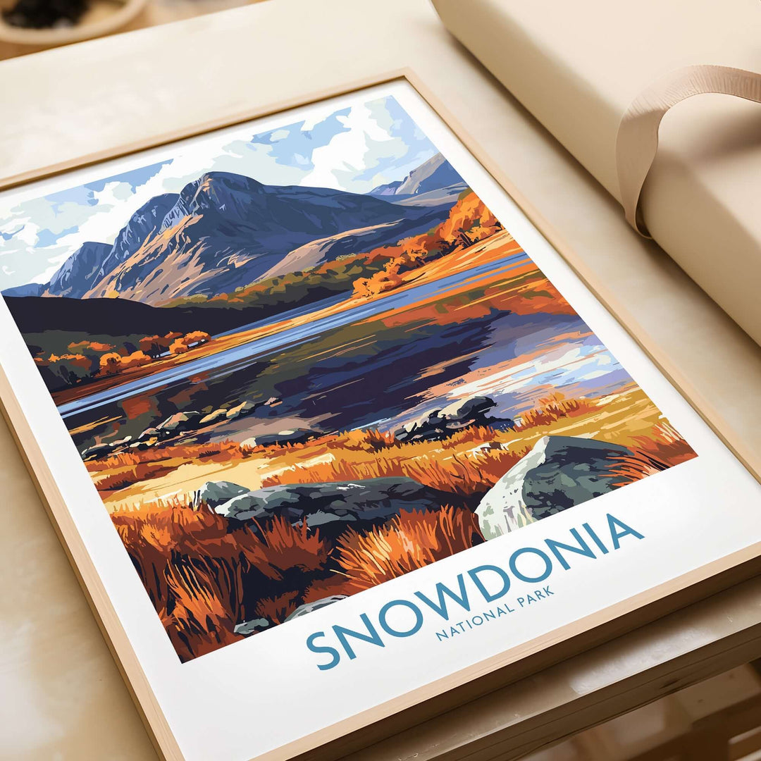 Snowdonia National Park poster showcasing vibrant autumn colors and majestic mountains in Wales.