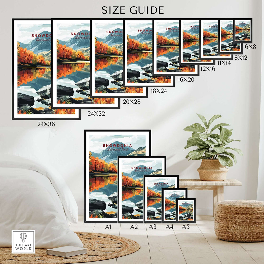 Size guide for Snowdonia National Park print showcasing various frame sizes in a cozy home setting.