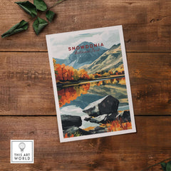 Snowdonia National Park Print showcasing vibrant autumn landscapes and serene reflections in water.