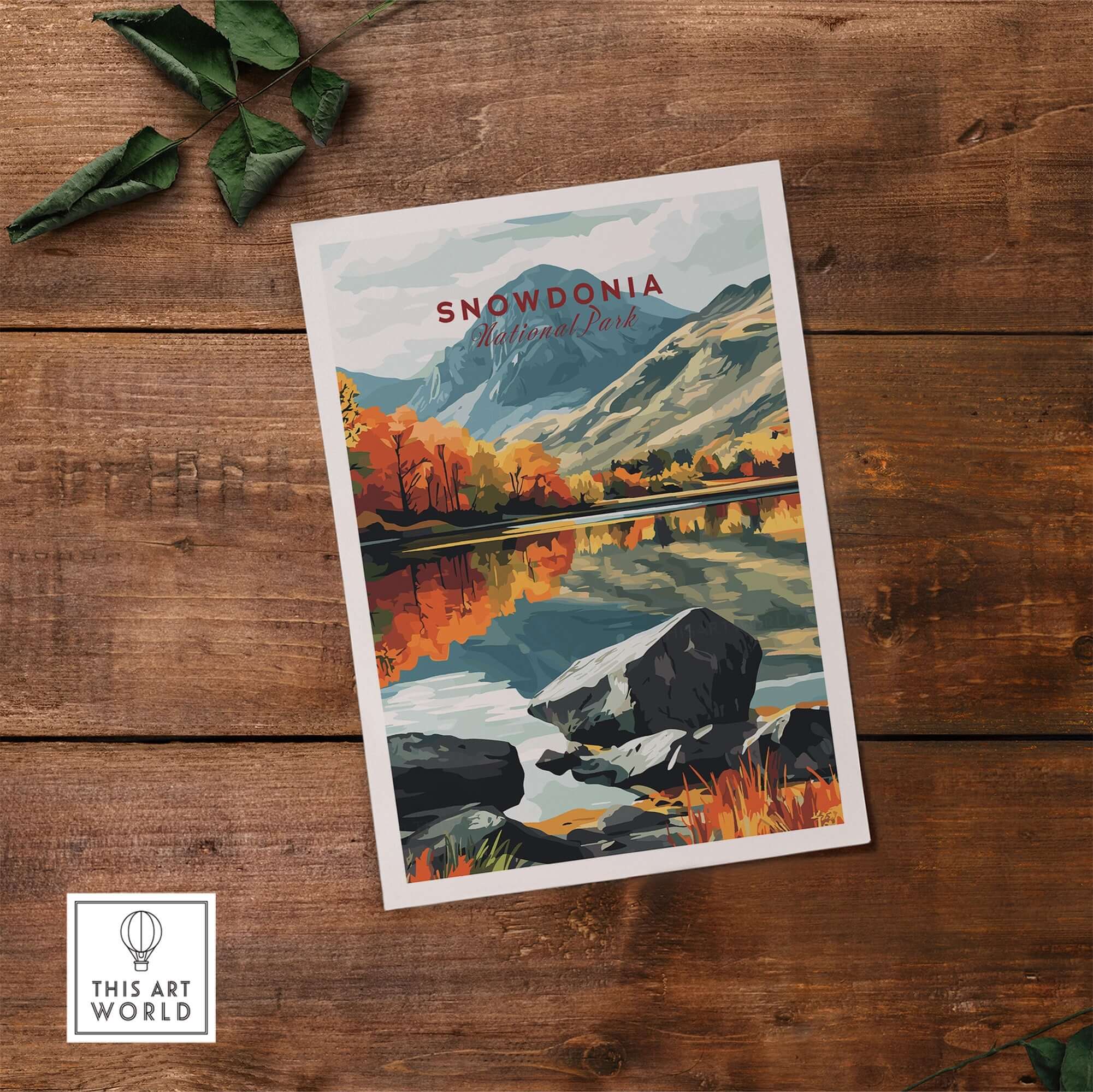 Snowdonia National Park Print showcasing vibrant autumn landscapes and serene reflections in water.