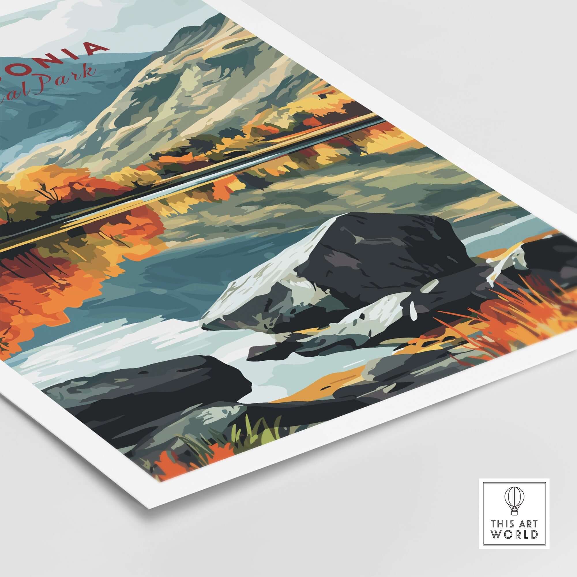 Snowdonia National Park Print showcasing vibrant landscapes and reflections in water, perfect for nature lovers.