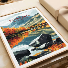 Snowdonia National Park Print showcasing vibrant landscapes and reflections in a framed artwork.