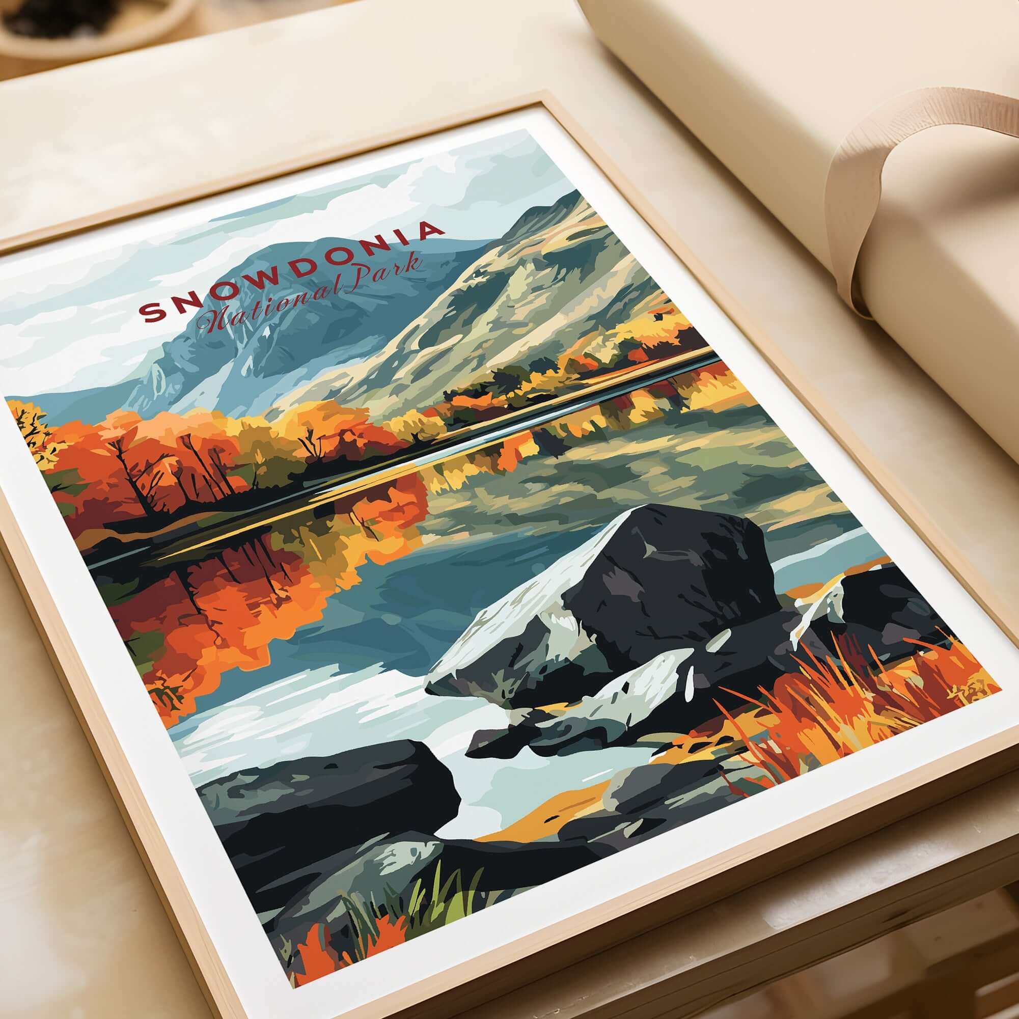 Snowdonia National Park Print showcasing vibrant landscapes and reflections in a framed artwork.