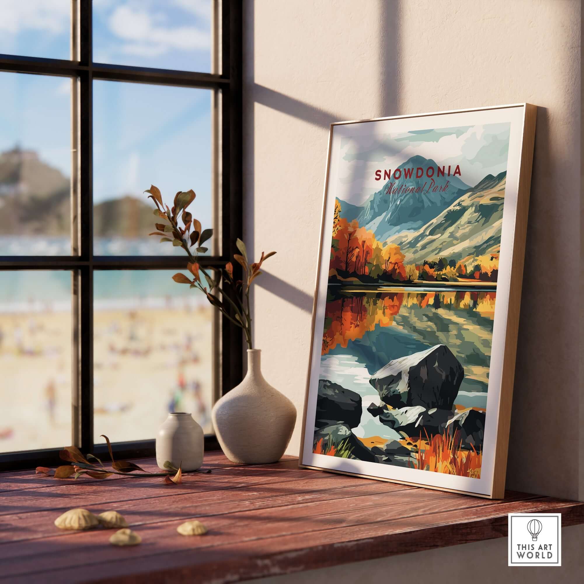 Snowdonia National Park Print displayed in a modern interior with mountains and water reflections.