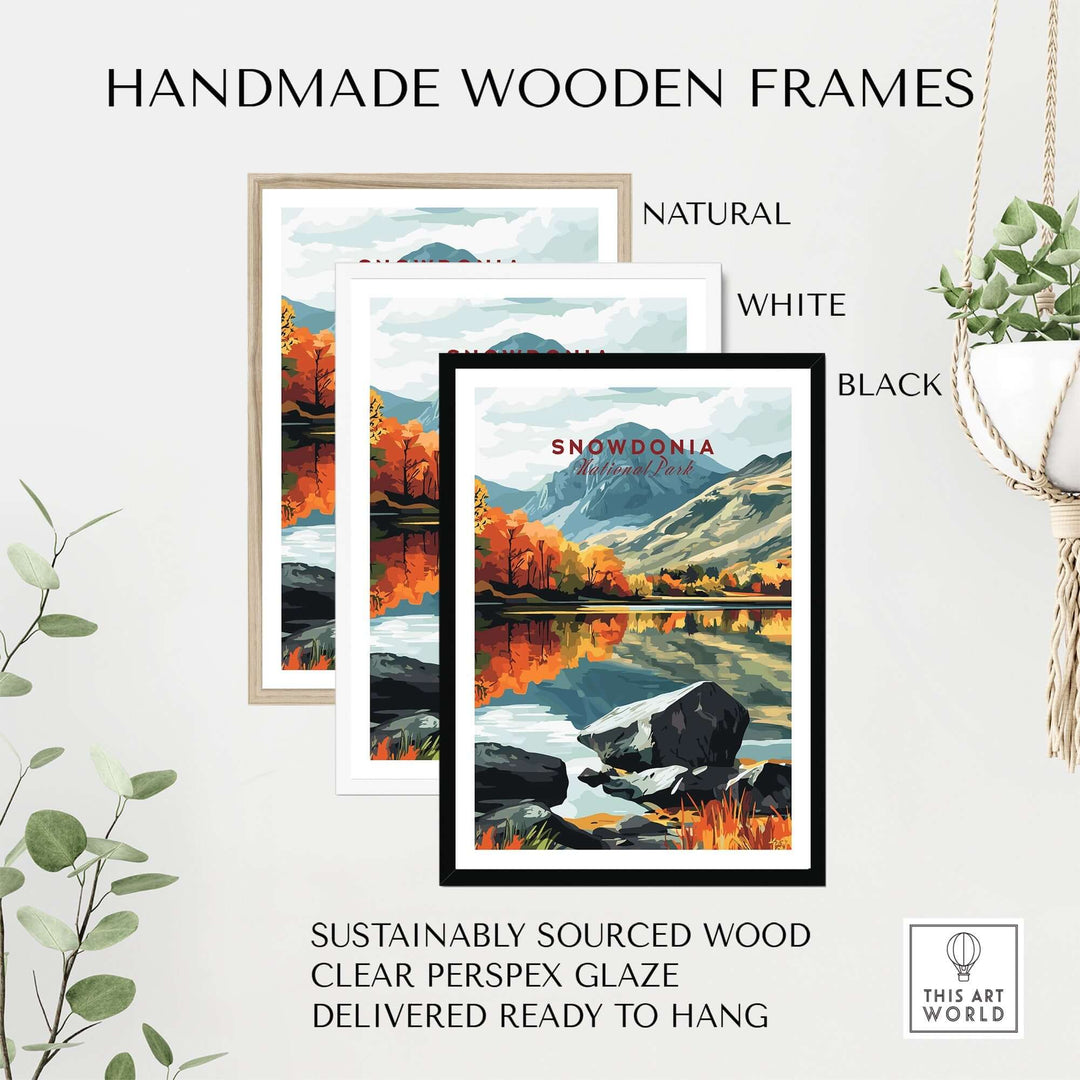 Handmade wooden frames in natural, white, and black for Snowdonia National Park print, featuring sustainably sourced wood and clear glaze.